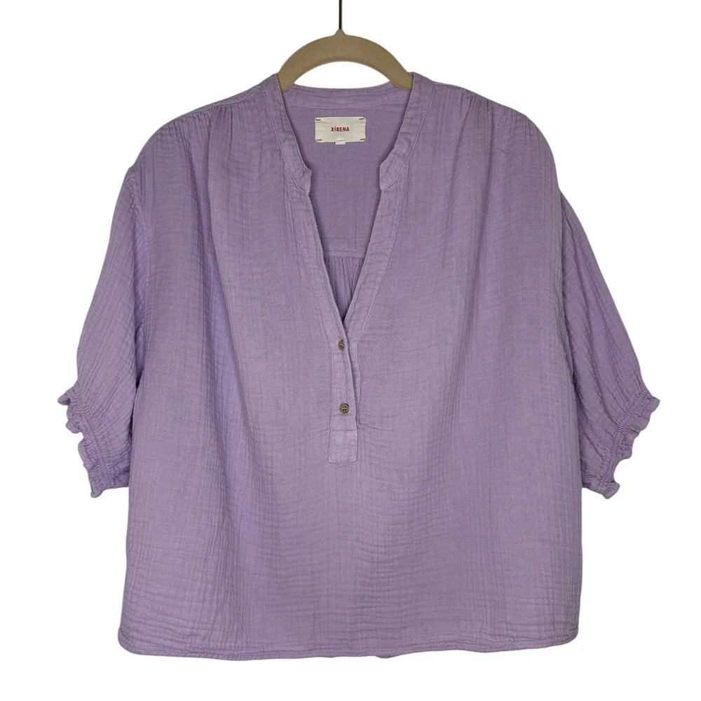Xirena Top Womens Medium Purple Cotton Gauze Henley Ruffle Sleeve Blouse